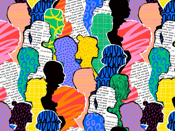 wallpaper with many human silhouettes made of different kinds of paper